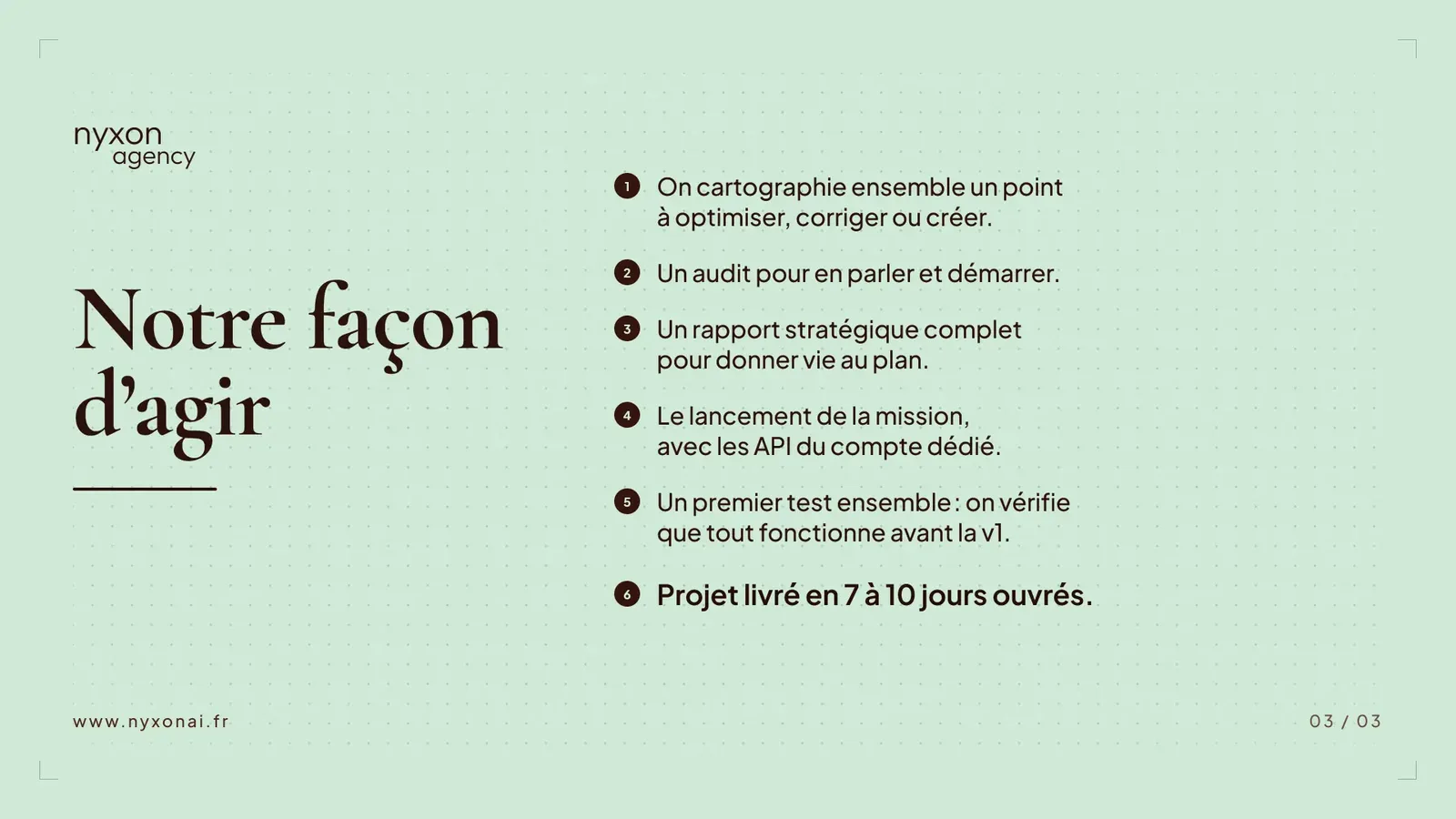 NYXON Agency, notre façon d’agir : cartographie, audit, rapport stratégique, lancement, premier test, projet livré en 7 à 10 jours ouvrés