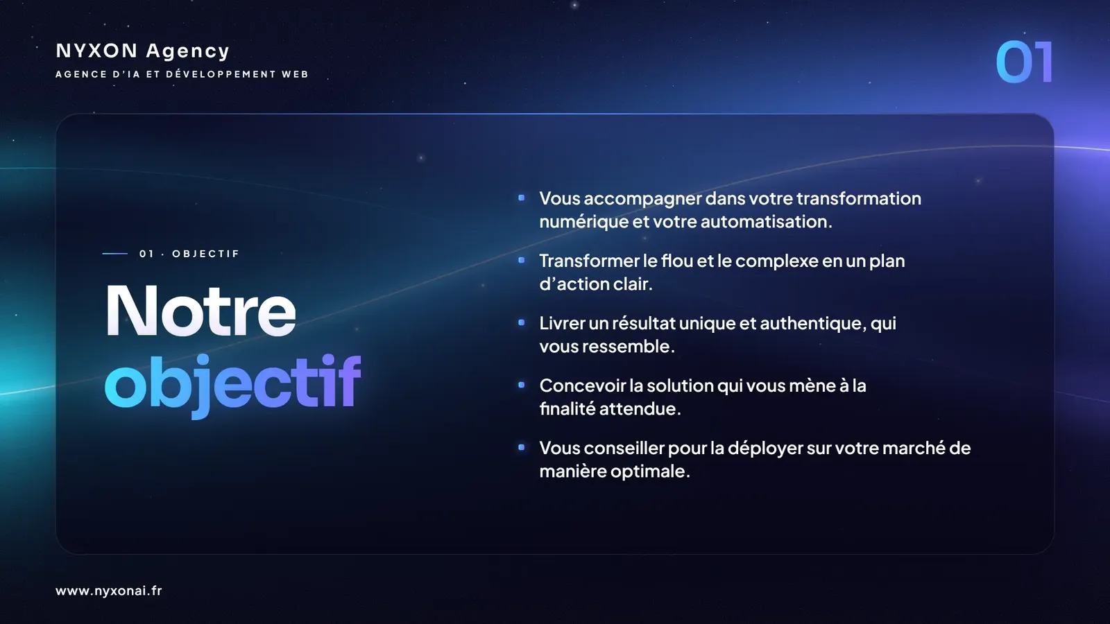 Notre objectif — NYXON Agency, agence d’IA et développement web : accompagner votre transformation numérique et votre automatisation, transformer le complexe en plan d’action clair