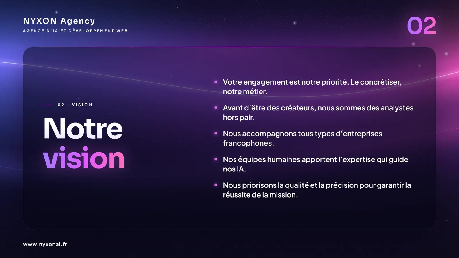 Notre vision — NYXON Agency : des analystes avant d’être des créateurs, des équipes humaines qui guident nos IA, pour toutes les entreprises francophones